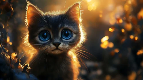 Mesmerizing Cat with Brilliant Blue Eyes Glowing in Golden Light