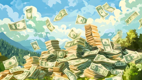 Monetary stratigraphy mapped as airborne banknote cascade.