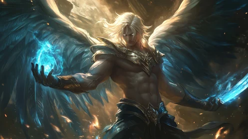 Radiant winged warrior commands celestial fire and light