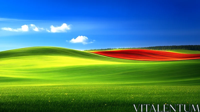 Vivid rolling fields glow beneath a deep blue summer sky
