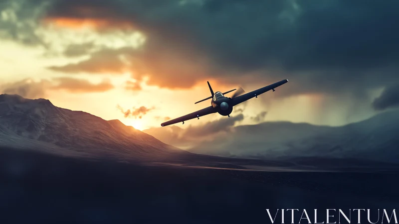 Low-flying fighter plane cuts across stormy sunset valley