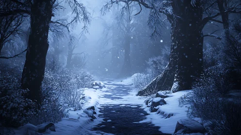 Snow covered forest path in cold blue winter light.