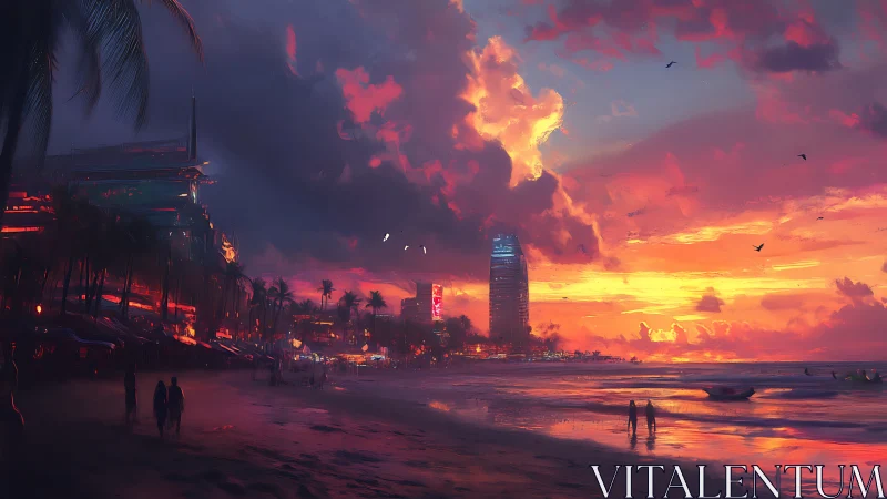 Neon lit city beach skyline under vivid sunset clouds.
