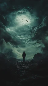 Lone figure walks toward stormlit vortex under dark clouds.