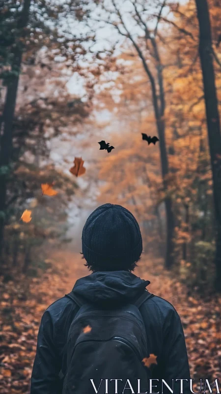 Solitary hiker under autumn canopy with drifting leaves.