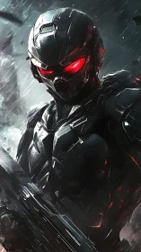 Armored humanoid figure stands in rain with red visor activated