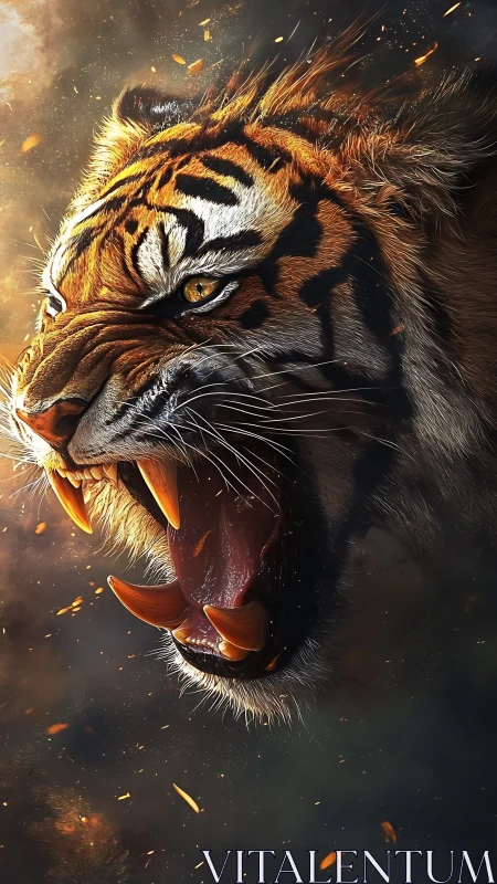 Roaring tiger head in dynamic fiery digital detail.