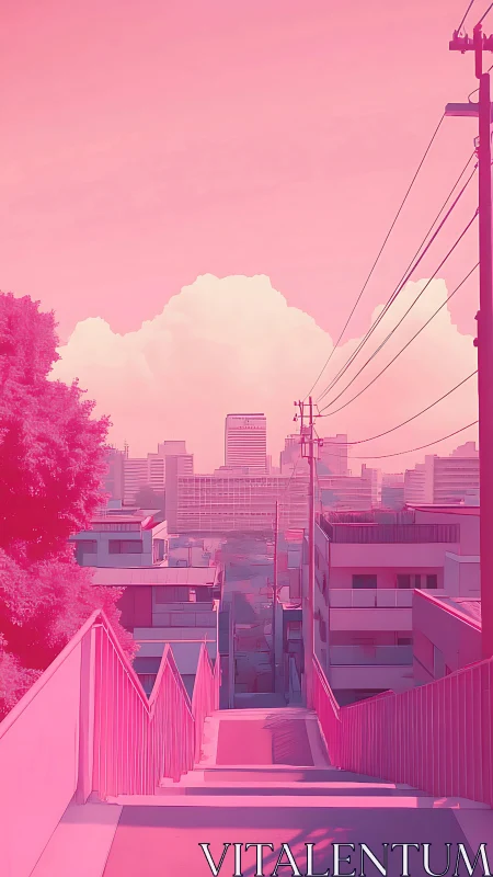 Cotton candy city stairs pour daylight into neon silence