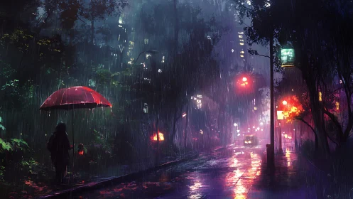 Moody city street glows softly under rain and red umbrella