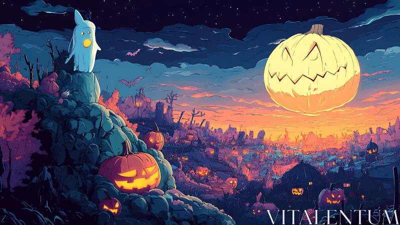Halloween landscape with glowing pumpkins and floating jack o lantern.