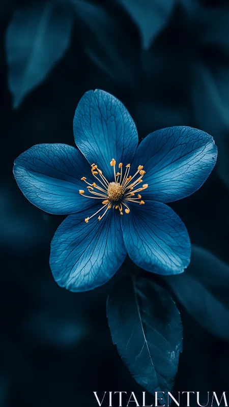 Azure Five-Petaled Bloom with Golden Stamen Center. Macro botanical photography.