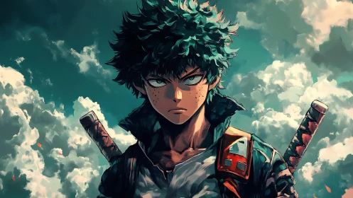 Green haired anime swordsman against cloudy sky backdrop.