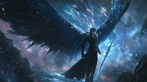 Midnight winged warrior pausing in a storm of starlight.