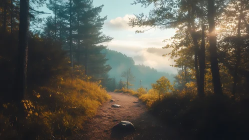 Ethereal Forest Path at Golden Hour with Misty Valley. Photography.