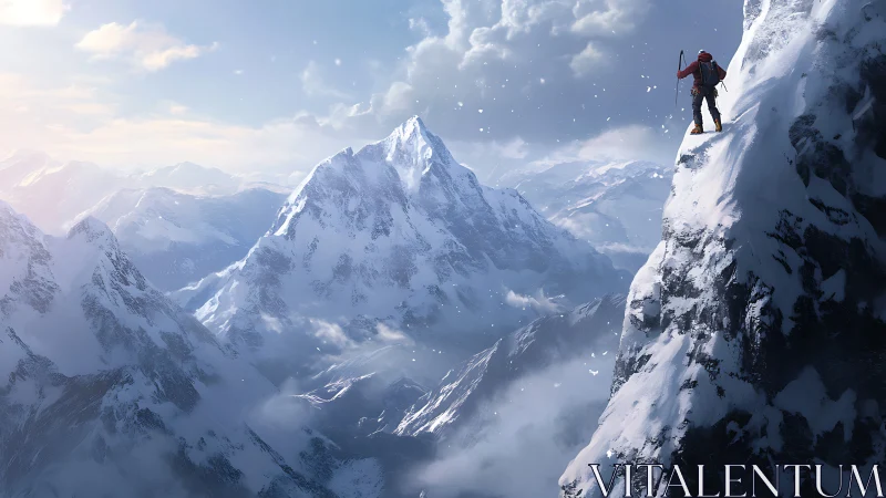 Climber greeting a vast snowy mountain kingdom at sunrise.