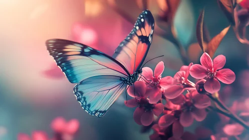 Iridescent butterfly resting on rose-pink blossoms at dusk.