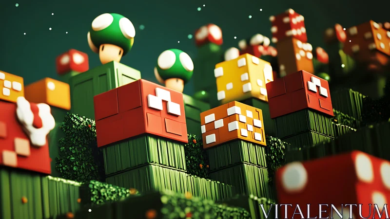 Isometric voxel hills with stylized mushroom power-up blocks
