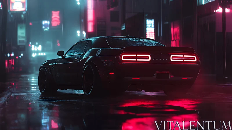 Neon storm muscle car idles in rain soaked cyber street.