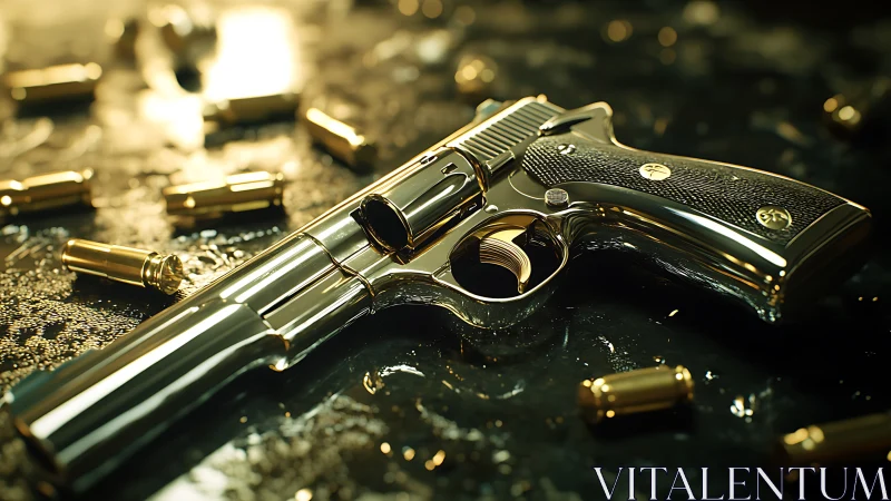Gleaming sidearm lounges in cinematic light among spent brass