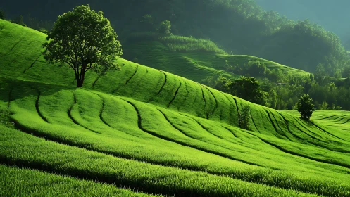 Green terraced hillside with trees in soft morning light.