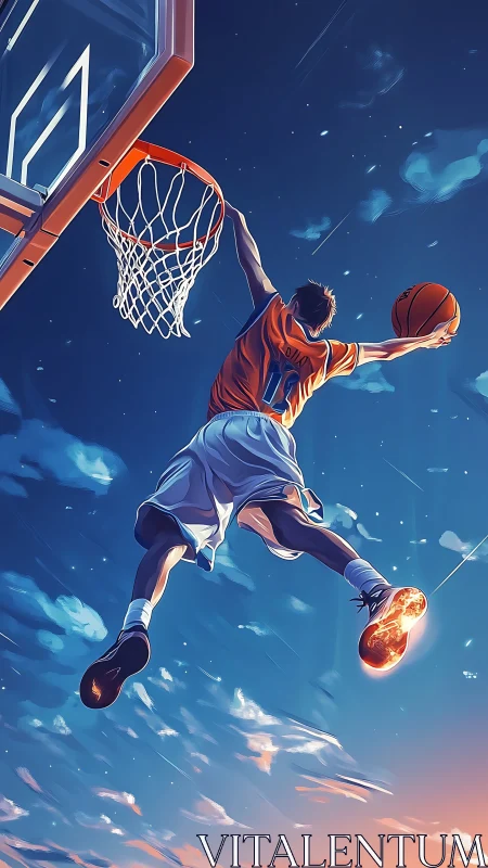 High-flying basketball dunk slices through a glowing twilight sky