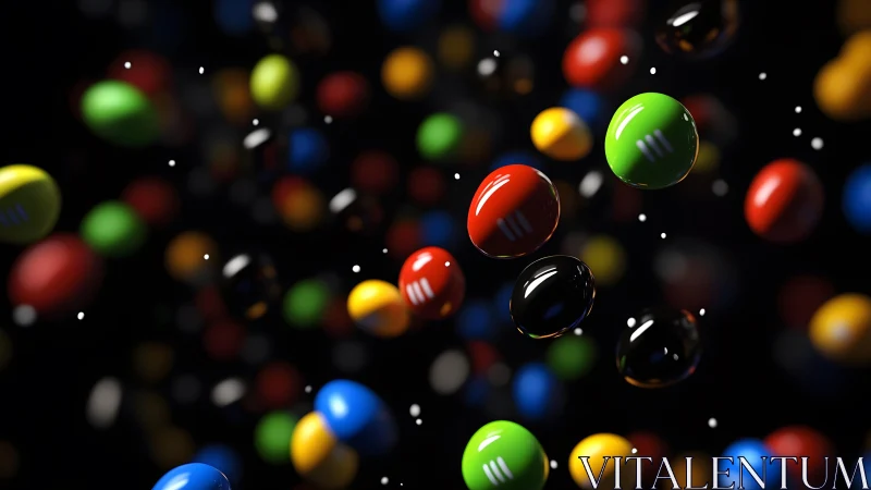 Colorful candy-coated chocolates floating in dark abstract space.