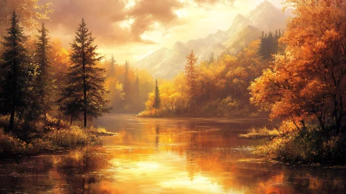 Golden autumn river under glowing mountain sunset.