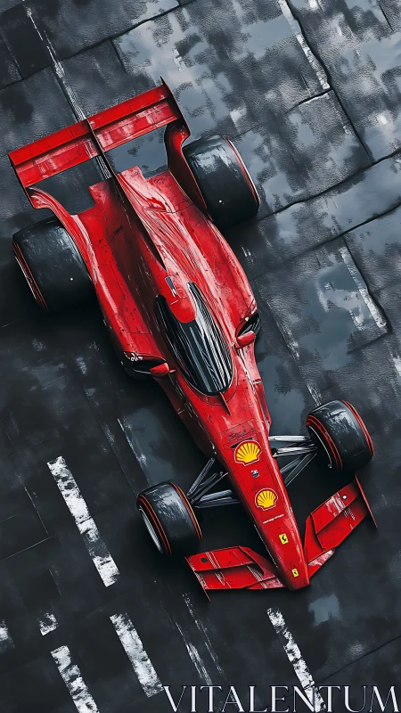 Top-down analysis of red open-wheel race car on wet tarmac