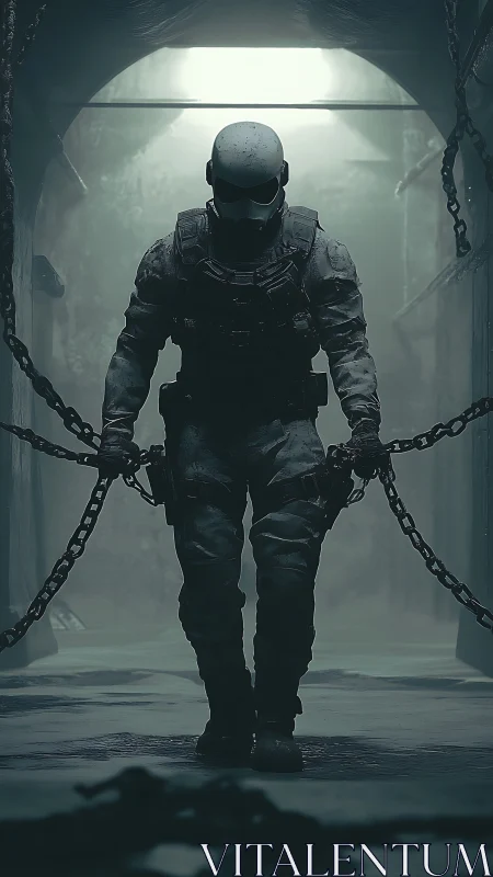 Chained ghost-ops soldier marching from the toxic gloom.