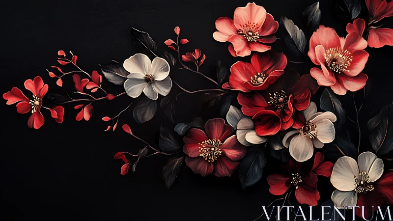 Red and Cream Floral Arrangement Against Black Background.