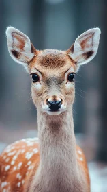 Young spotted deer portrait with soft forest bokeh background.
