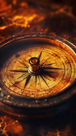 Photorealistic brass compass with radial depth-of-field focus.