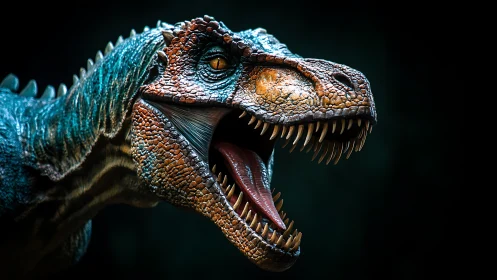 Roaring dinosaur head displays sharp teeth and textured scales