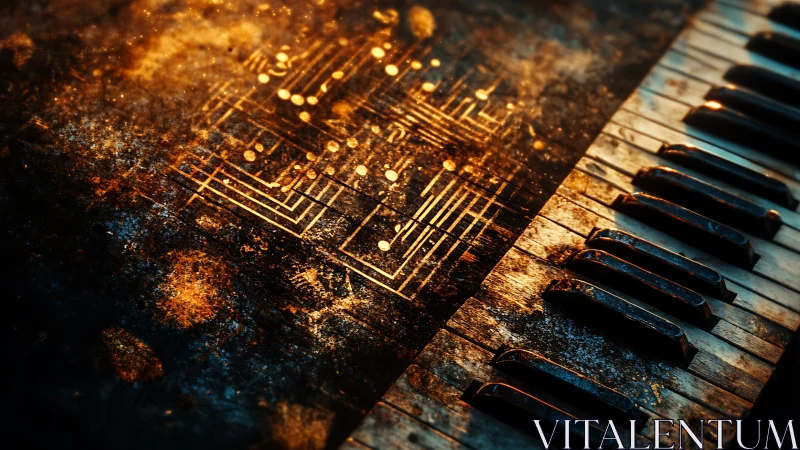 Circuit pattern overlay on worn piano keyboard surface.