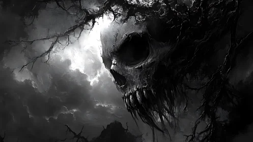 Skull-shaped storm cloud looms above twisted, dark landscape.
