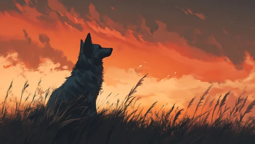 Silhouetted dog watching blazing orange sunset sky.