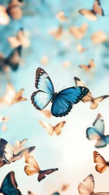 Blue morpho butterfly swarm over soft bokeh sky field.