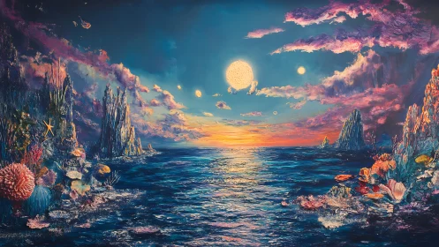 Surreal seascape with luminous sky and coral shores.