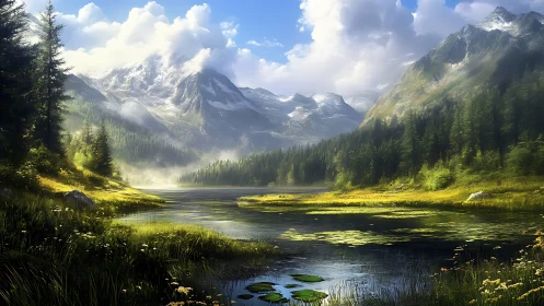 Sunlit alpine lake reflects snow peaks and dense pines.