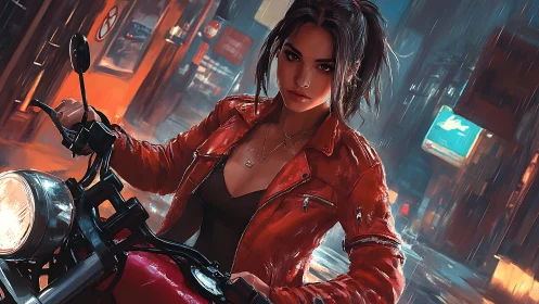 Midnight rider in scarlet leather storms the neon rain.