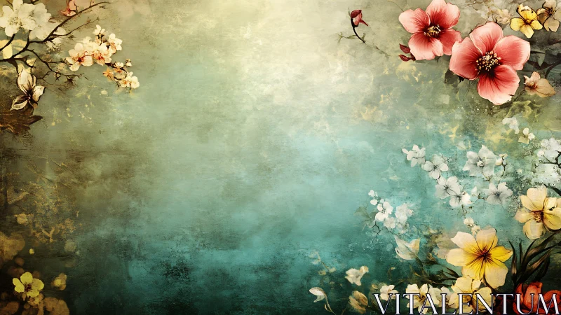 Vintage floral composition with distressed layering and atmospheric depth.