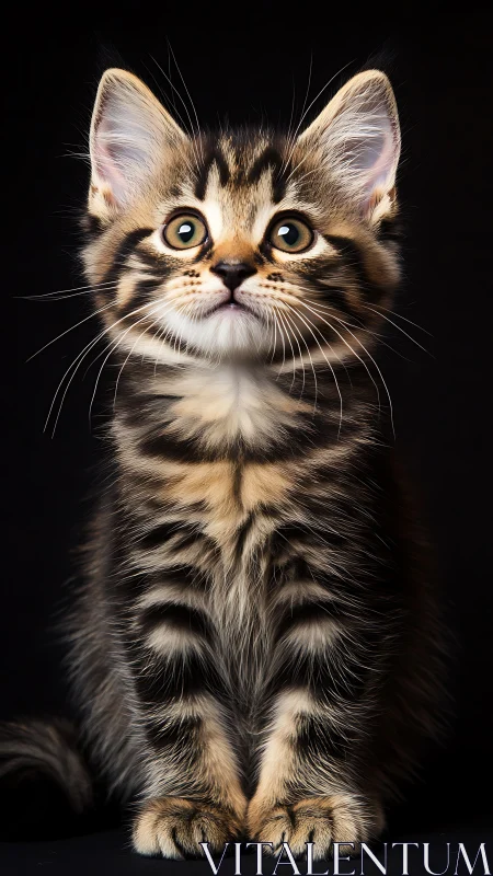 Tabby Kitten Portrait with Striking Yellow Eyes Against Black Background