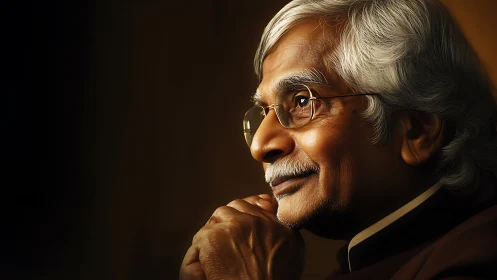 Side-lit contemplative elder portrait with warm tonal modeling.