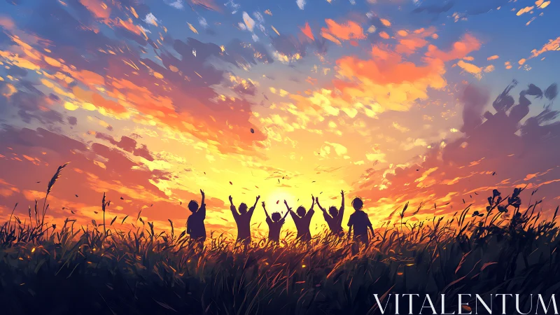 Children celebrate sunset together in a glowing summer field