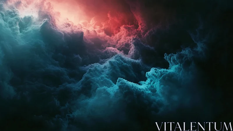 Vivid teal and red storm clouds in dramatic contrast.