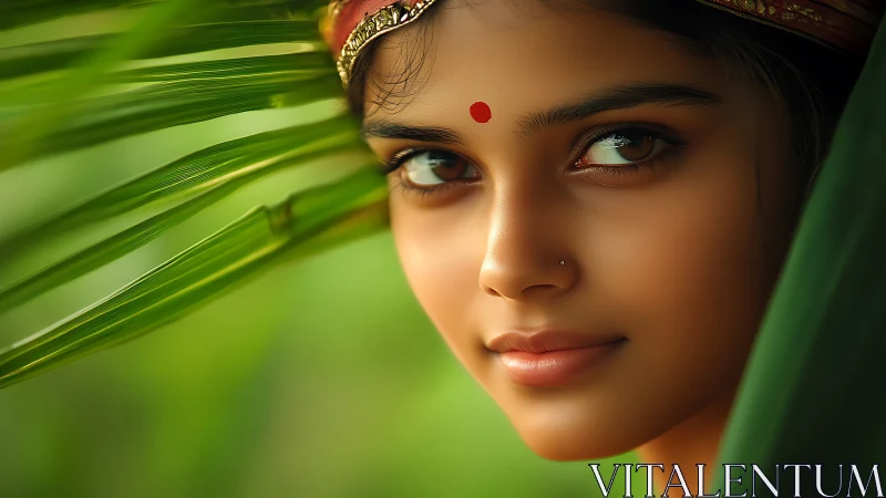 Optically precise portrait framed by tropical foliage geometry.