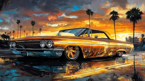 Golden lowrider reflects stormy sunset over wet boulevard.