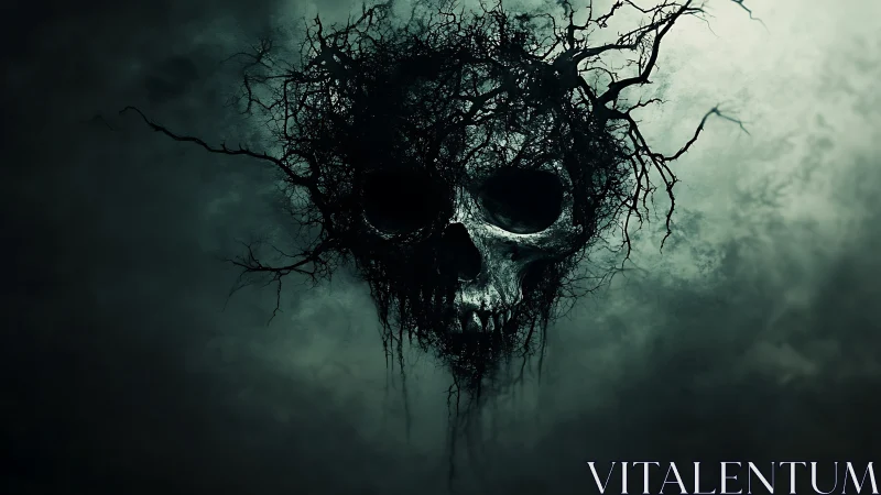 Skull formed from branching roots in dense misted darkness.