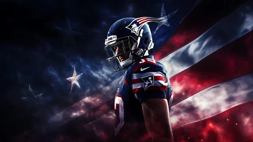 American football player in team uniform with flag backdrop.