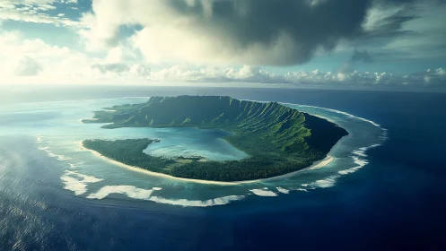 Tropical Island Aerial View with Volcanic Ridges and Lagoon